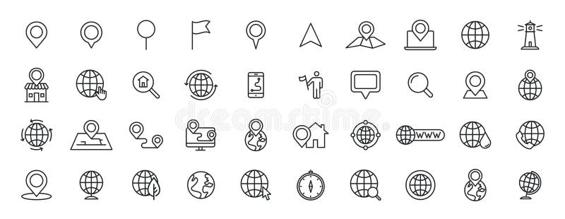 Set of 40 Navigation and location, map, globe web icons in line style. GPS, compass, global, marker, map, pointer. Vector vector illustration