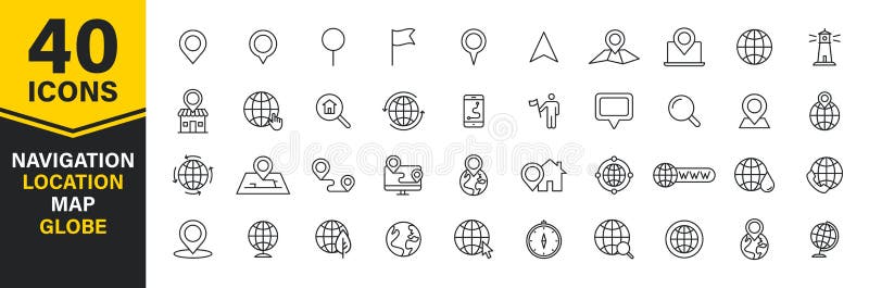 Set of 40 Navigation and location, map, globe web icons in line style. GPS, compass, global, marker, map, pointer. Vector vector illustration