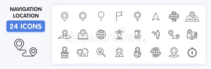 Set of 24 Navigation and location web icons in line style. GPS, compass, global, marker, map, pointer. Vector illustration vector illustration