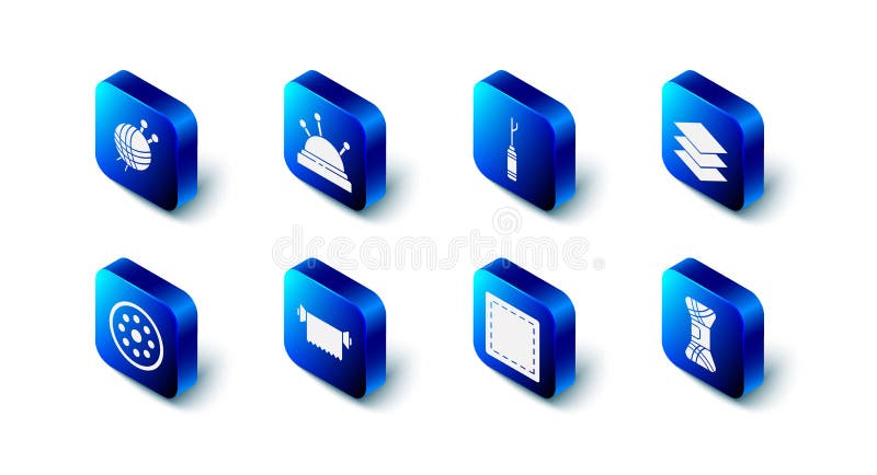 Set Needle bed and needles, Awl tool, Layers clothing textile, Yarn, Sewing Pattern, Textile fabric roll, button and royalty free illustration