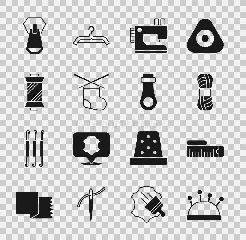 Set Needle bed and needles, Tape measure, Yarn, Sewing machine, Knitting, thread on spool, Zipper and icon. Vector royalty free illustration