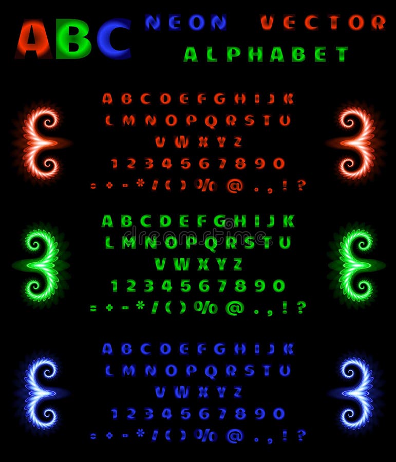 Set of neon alphabet and numbers on a black background. Red, blue, green neon gradient. Vector illustration royalty free illustration Set of neon alphabet and numbers on a black background. Red, blue, green neon gradient. Vector illustration royalty free illustration