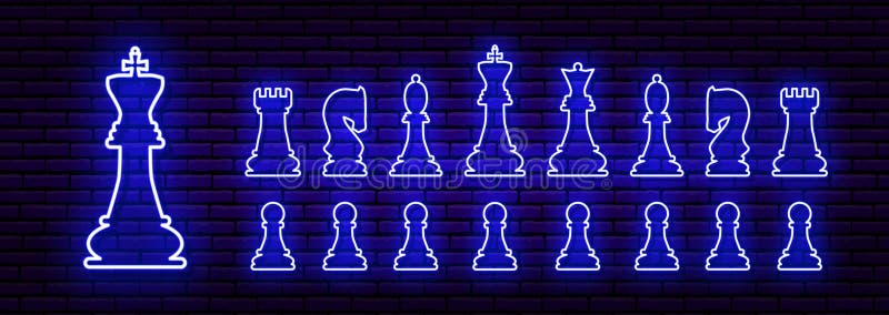 A set of neon chess pieces, each element isolated separately. Volume version with a shadow. Against a brick wall. stock illustration