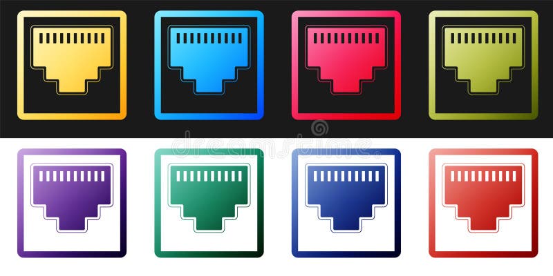 Set Network port - cable socket icon isolated on black and white background. LAN port icon. Ethernet simple icon. Local area connector icon. Vector.