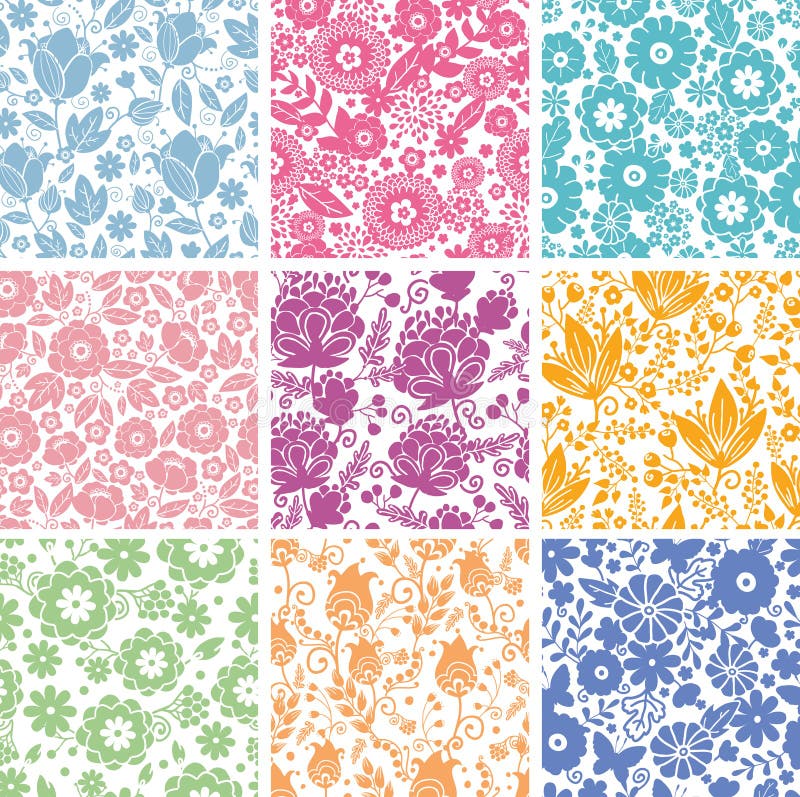 Set Of Nine Abstract Flowers Seamless Patterns