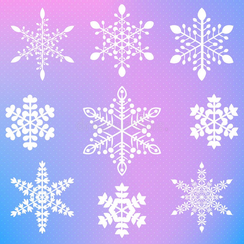 Set of nine different elegant snowflake elements on fine dotted blurry pink and blue background. Use it to design New Year and Christmas postcards, winter posters and flyers or any other creative way you like. Set of nine different elegant snowflake elements on fine dotted blurry pink and blue background. Use it to design New Year and Christmas postcards, winter posters and flyers or any other creative way you like.