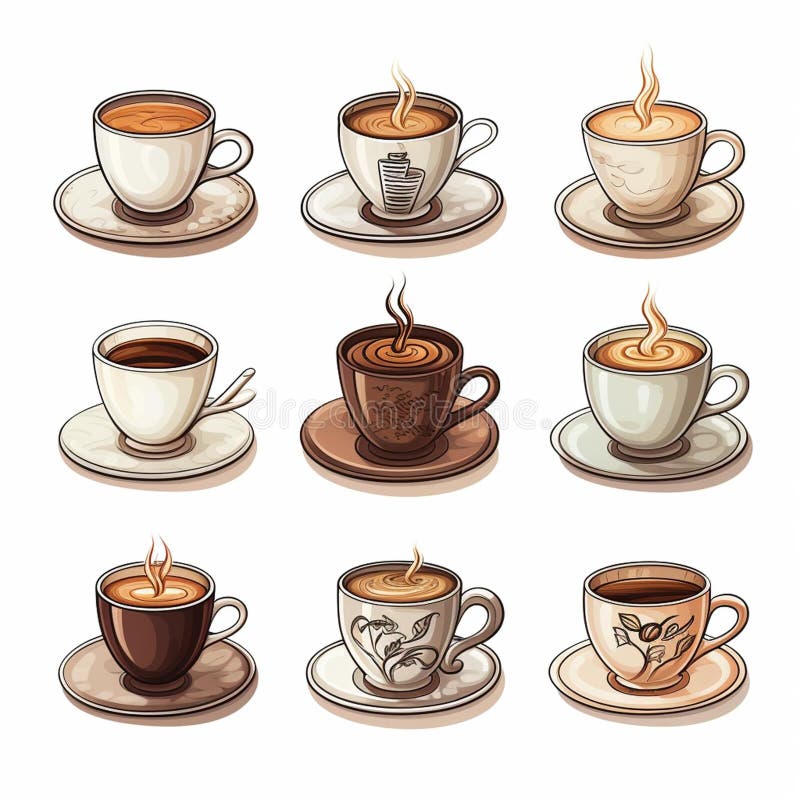 A Set of Nine Different Types of Coffee in the Cup, and One Coffee in Stock Illustration