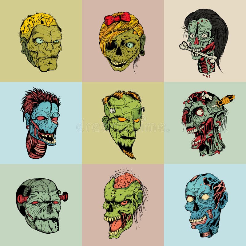 Set of nine drawn image with the zombie