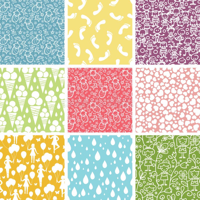 Set of nine kiddie things seamless patterns