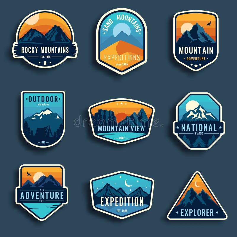 Set of nine mountain travel emblems. Camping outdoor adventure emblems, badges and logo patches. Mountain tourism