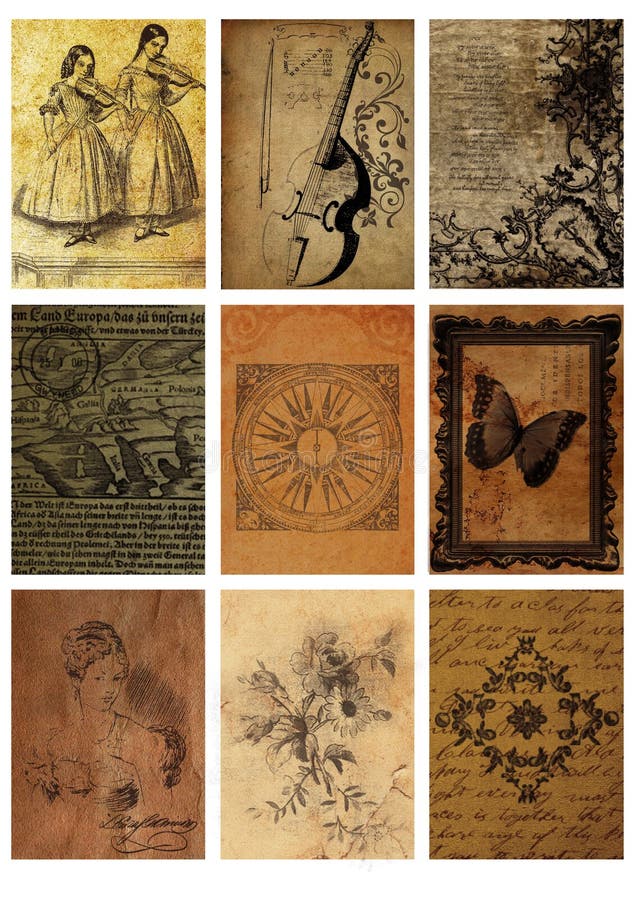 Set of nine old cards vintage collage tags images backgrounds abstract collage