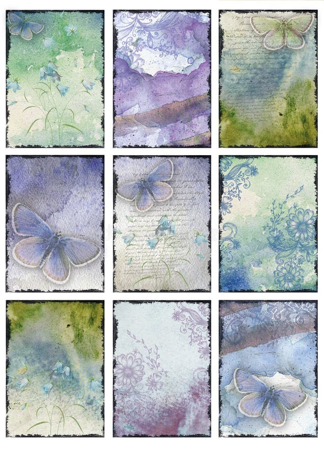 Set of nine vintage blue butterfly images backgrounds abstract collage