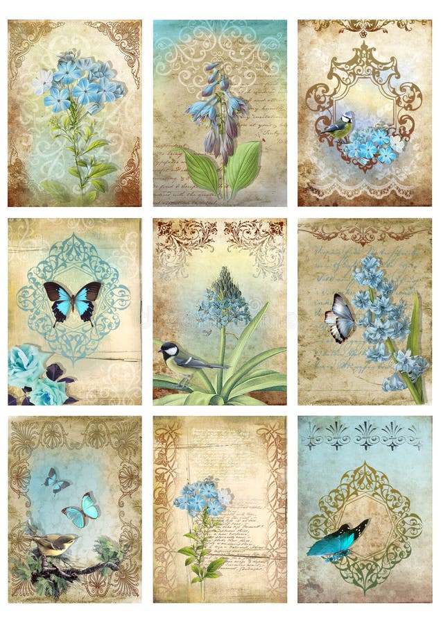 Set of nine vintage style cards tags collage blue morn bird butterfly floral images