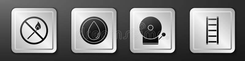 Set No fire match, Water drop, Ringing alarm bell and Fire escape icon. Silver square button. Vector royalty free illustration