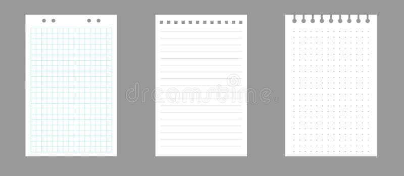 Set of notebook sheets isolated on gray background. Realistic white blanks of checkered, lined and dots paper. Different royalty free illustration