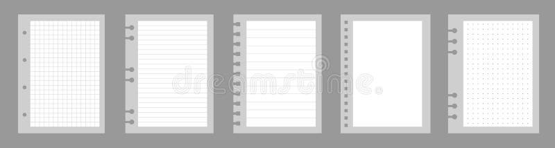 Set of notebook sheets isolated on gray background. Realistic white blanks of checkered, lined and dots paper. Different stock illustration
