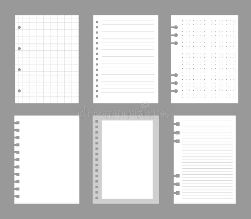 Set of notebook sheets isolated on gray background. Realistic white blanks of checkered, lined and dots paper. Different vector illustration