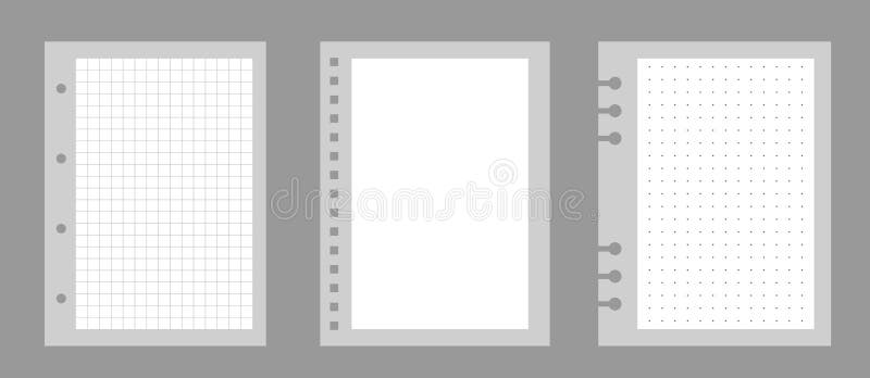 Set of notebook sheets isolated on gray background. Realistic white blanks of checkered, lined and dots paper. Different vector illustration