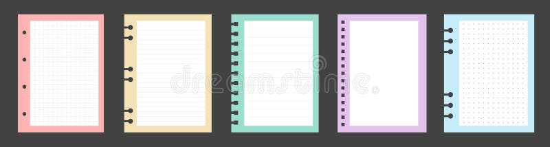 Set of notebook sheets isolated on gray background. Realistic white blanks of checkered, lined and dots paper. Different stock illustration