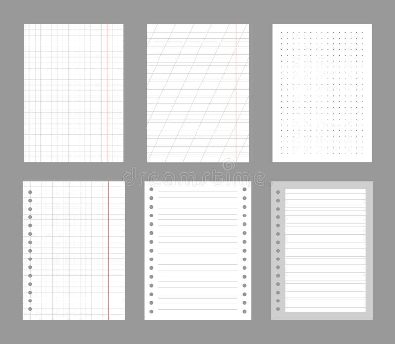 Set of notebook sheets isolated on gray background. Realistic white blanks of checkered, lined and dots paper. Different stock illustration