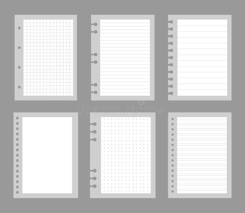 Set of notebook sheets isolated on gray background. Realistic white blanks of checkered, lined and dots paper. Different stock illustration