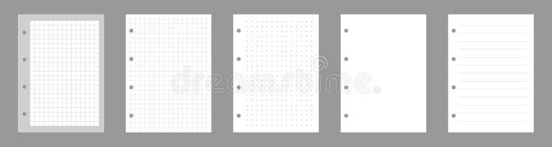 Set of notebook sheets isolated on gray background. Realistic white blanks of checkered, lined and dots paper. Different stock illustration