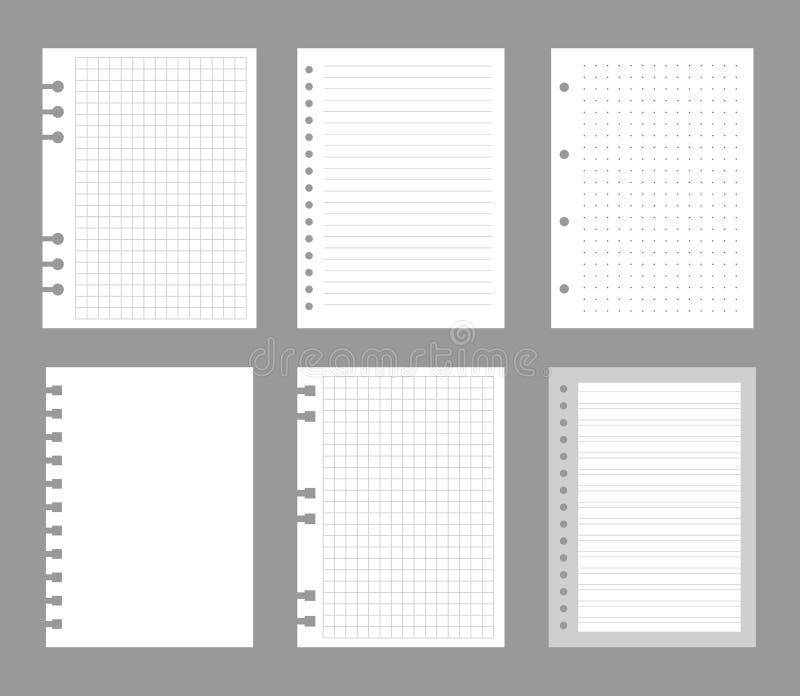 Set of notebook sheets isolated on gray background. Realistic white blanks of checkered, lined and dots paper. Different royalty free illustration