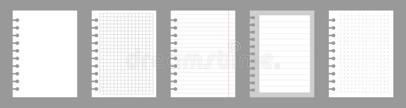 Set of notebook sheets isolated on gray background. Realistic white blanks of checkered, lined and dots paper. Different vector illustration