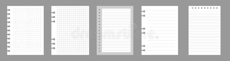 Set of notebook sheets isolated on gray background. Realistic white blanks of checkered, lined and dots paper. Different stock illustration