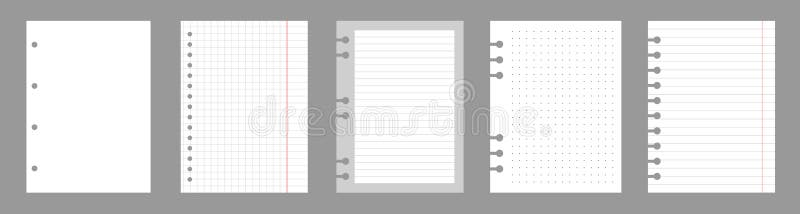 Set of notebook sheets isolated on gray background. Realistic white blanks of checkered, lined and dots paper. Different royalty free illustration