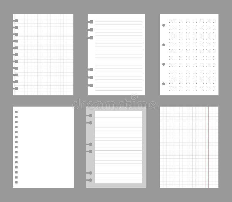 Set of notebook sheets isolated on gray background. Realistic white blanks of checkered, lined and dots paper. Different vector illustration