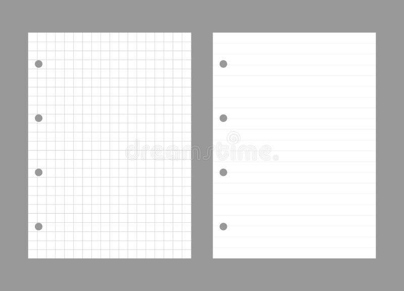 Set of notebook sheets isolated on gray background. Realistic white blanks of checkered and lined paper. Different stock illustration