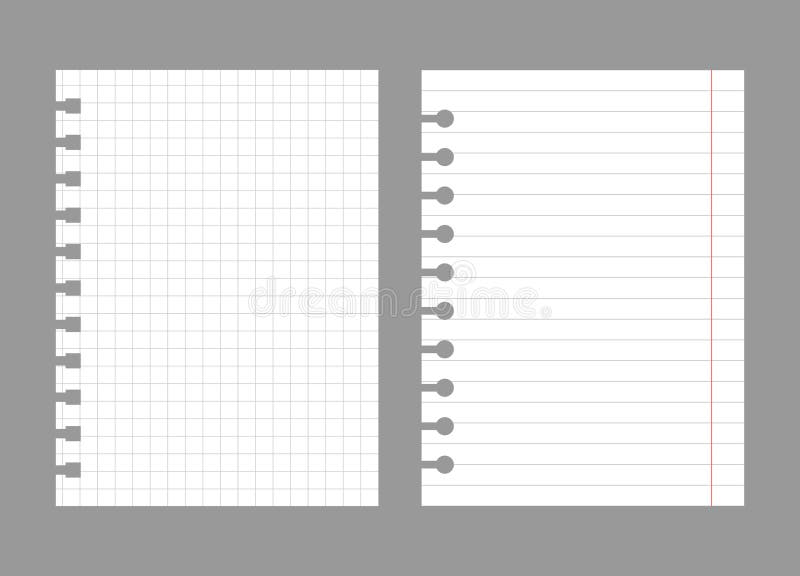 Set of notebook sheets isolated on gray background. Realistic white blanks of checkered and lined paper. Different stock illustration