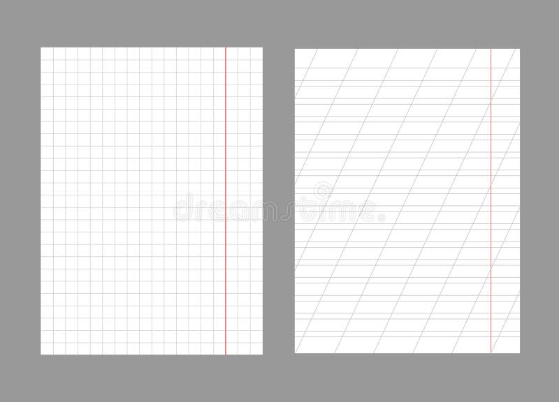 Set of notebook sheets isolated on gray background. Realistic white blanks of checkered and lined paper. Different stock illustration