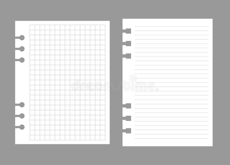 Set of notebook sheets isolated on gray background. Realistic white blanks of checkered and lined paper. Different stock illustration