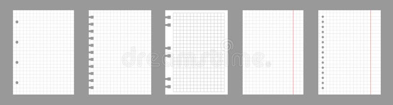 Set of notebook sheets isolated on gray background. Realistic white blanks of checkered paper. Different vertical pages stock illustration