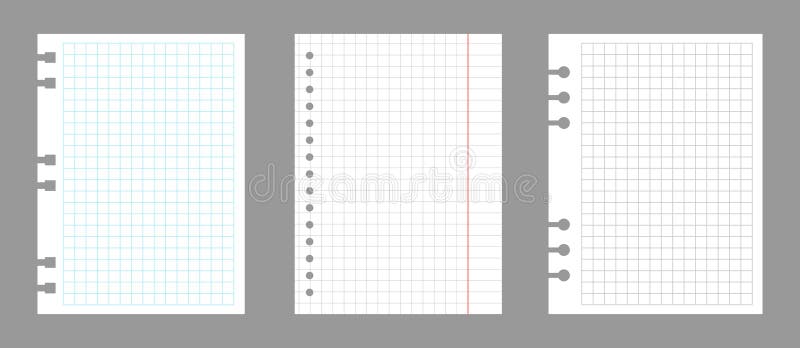 Set of notebook sheets isolated on gray background. Realistic white blanks of checkered paper. Different vertical pages vector illustration