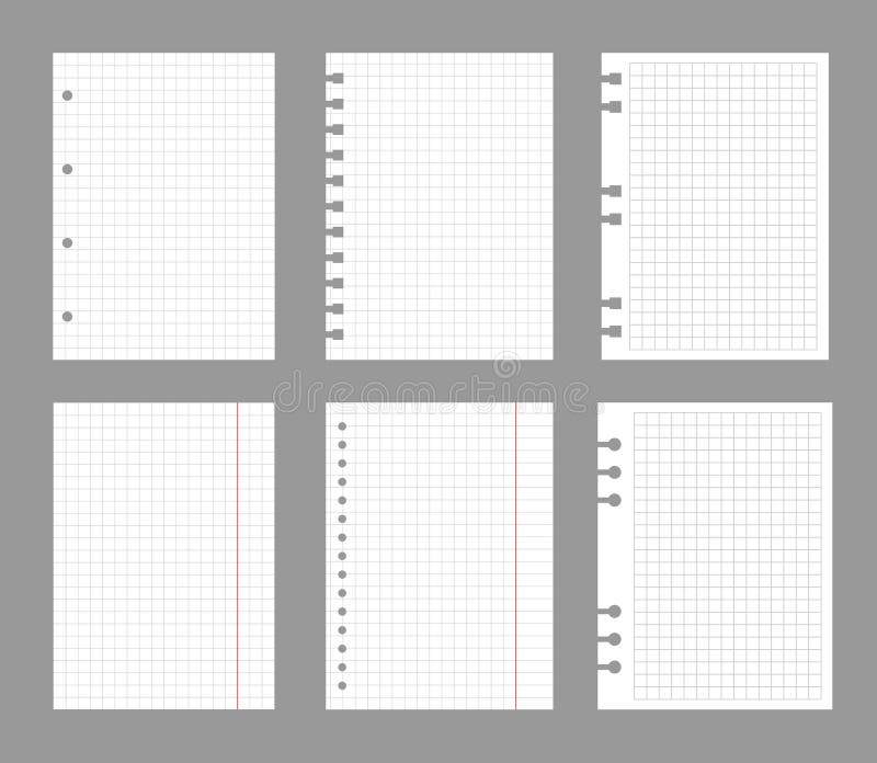 Set of notebook sheets isolated on gray background. Realistic white blanks of checkered paper. Different vertical pages vector illustration