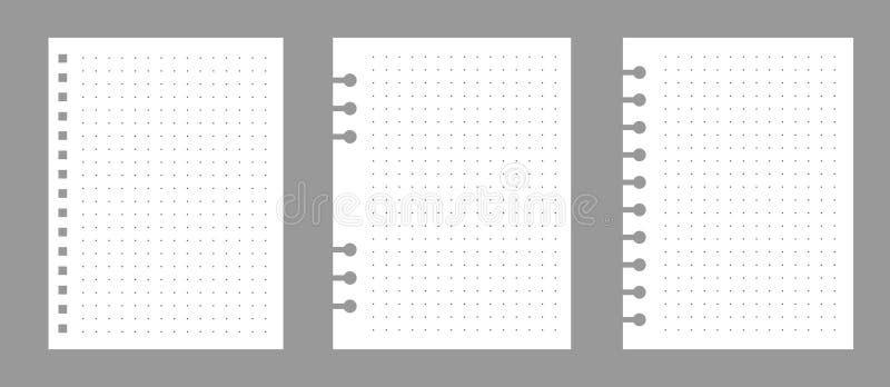 Set of notebook sheets isolated on gray background. Realistic white blanks of dots paper. Different vertical pages from vector illustration