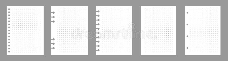 Set of notebook sheets isolated on gray background. Realistic white blanks of dots paper. Different vertical pages from stock illustration