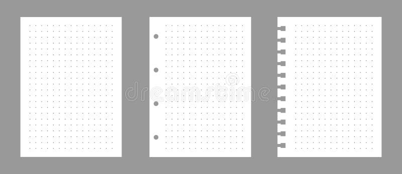 Set of notebook sheets isolated on gray background. Realistic white blanks of dots paper. Different vertical pages from vector illustration