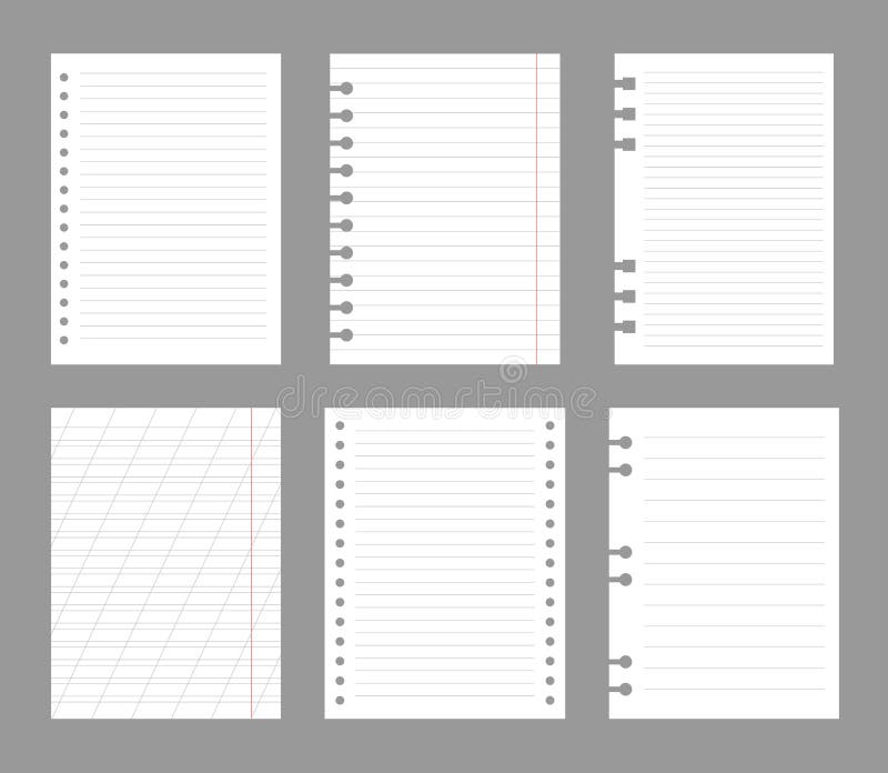Set of notebook sheets isolated on gray background. Realistic white blanks of lined paper. Different vertical pages from vector illustration