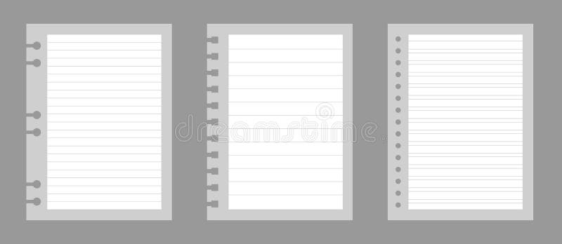 Set of notebook sheets isolated on gray background. Realistic white blanks of lined paper. Different vertical pages from vector illustration