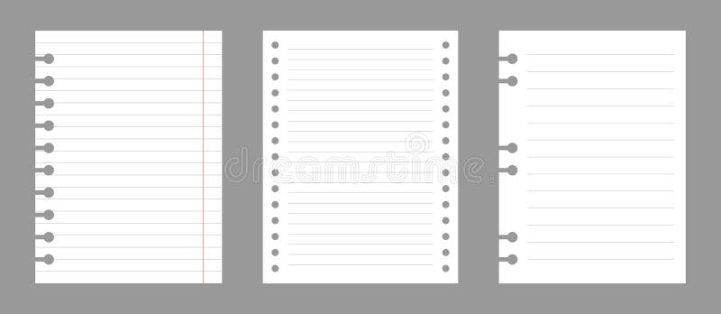 Set of notebook sheets isolated on gray background. Realistic white blanks of lined paper. Different vertical pages from vector illustration