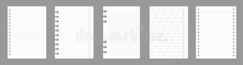 Set of notebook sheets isolated on gray background. Realistic white blanks of lined paper. Different vertical pages from stock illustration
