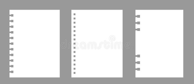 Set of notebook sheets isolated on gray background. Realistic white blanks paper. Different vertical pages from diary vector illustration