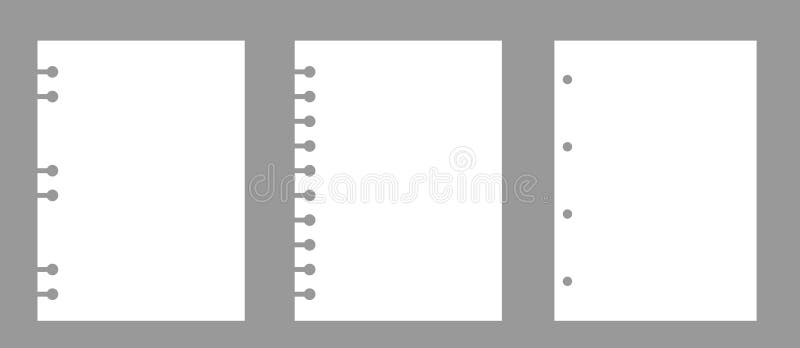 Set of notebook sheets isolated on gray background. Realistic white blanks paper. Different vertical pages from diary royalty free illustration