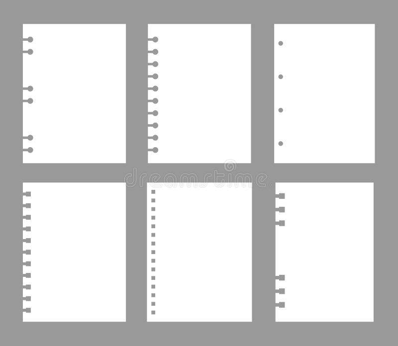 Set of notebook sheets isolated on gray background. Realistic white blanks paper. Different vertical pages from diary vector illustration