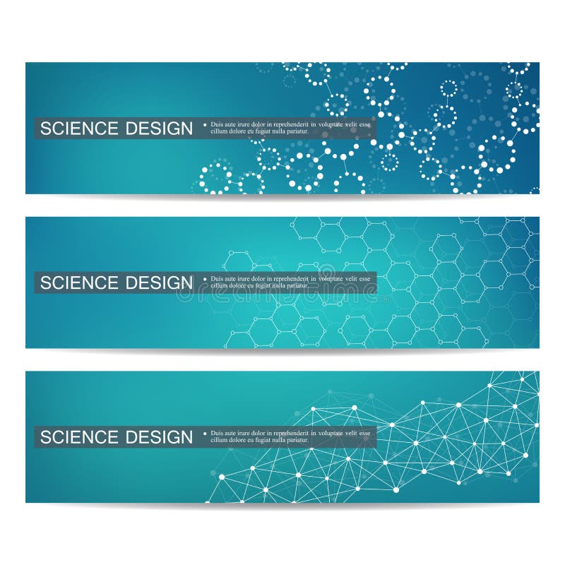 Set nowożytni naukowi sztandary Molekuły struktury DNA i neurony abstrakcyjny tło Medycyna, nauka, technologia ilustracja wektor Set nowożytni naukowi sztandary Molekuły struktury DNA i neurony abstrakcyjny tło Medycyna, nauka, technologia ilustracja wektor