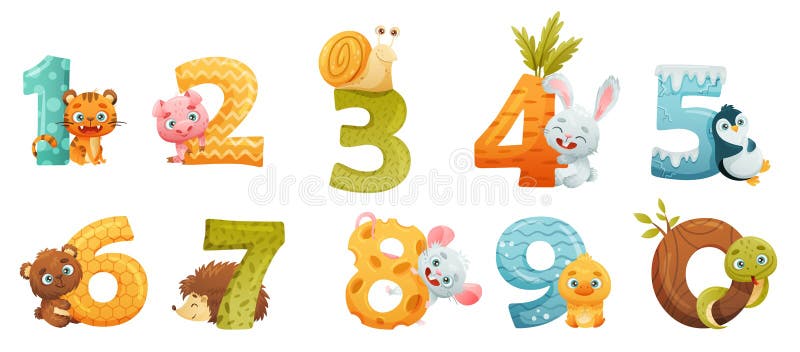 Set of numbers with cute baby animals. Educational numbers, kids anniversary, home or kindergarten decor cartoon vector